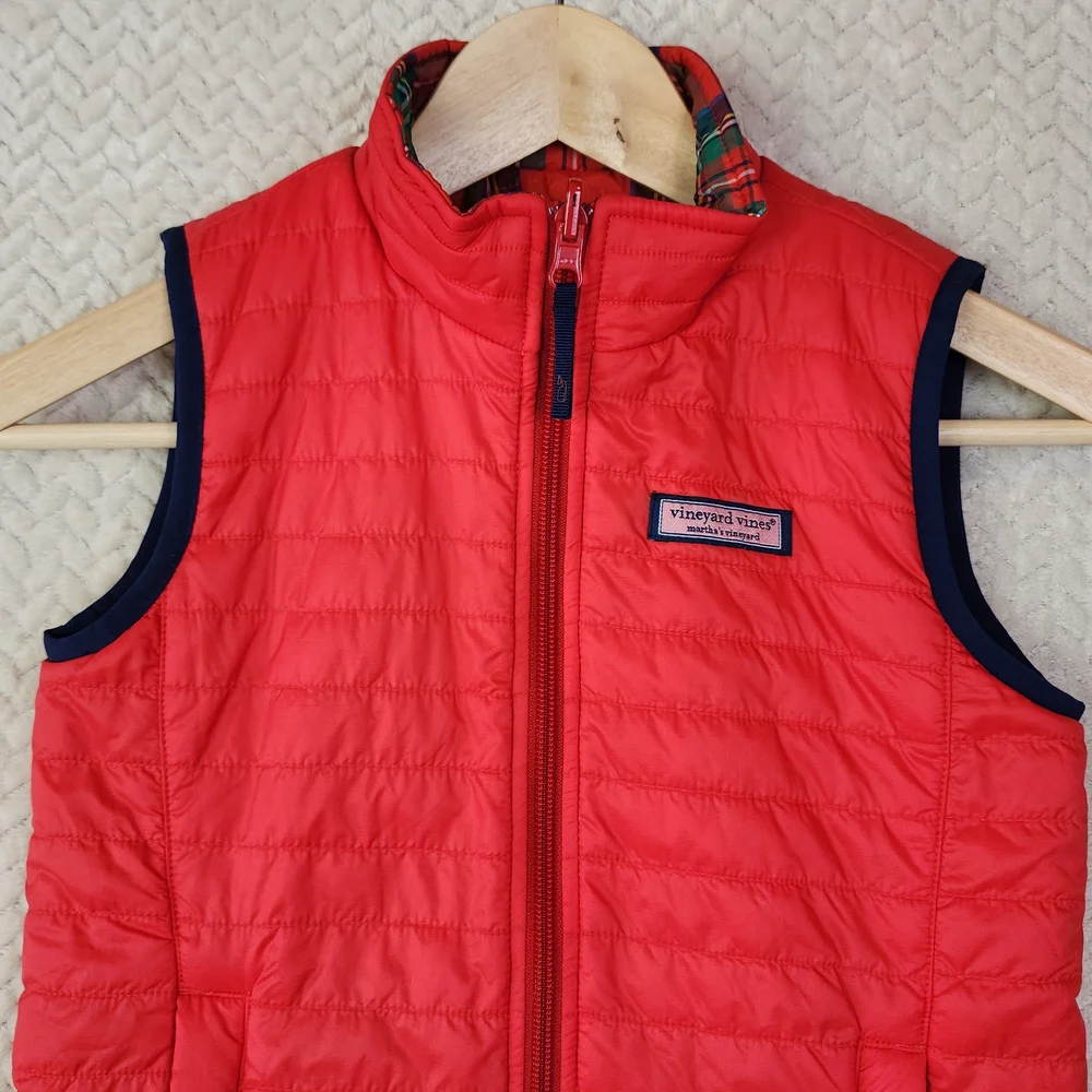Vineyard Vines Red Plaid Reversible Kids Puffer Vest Girls‎ Size Small 7-8